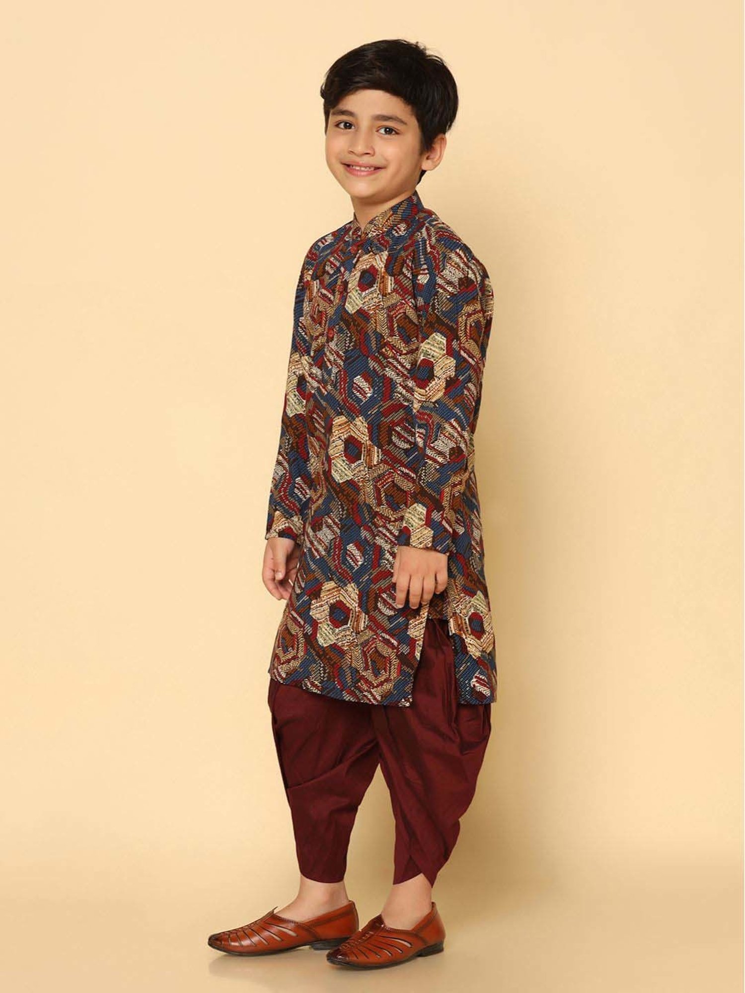 KISAH Kids Maroon & Blue Printed Full Sleeves Kurta Set