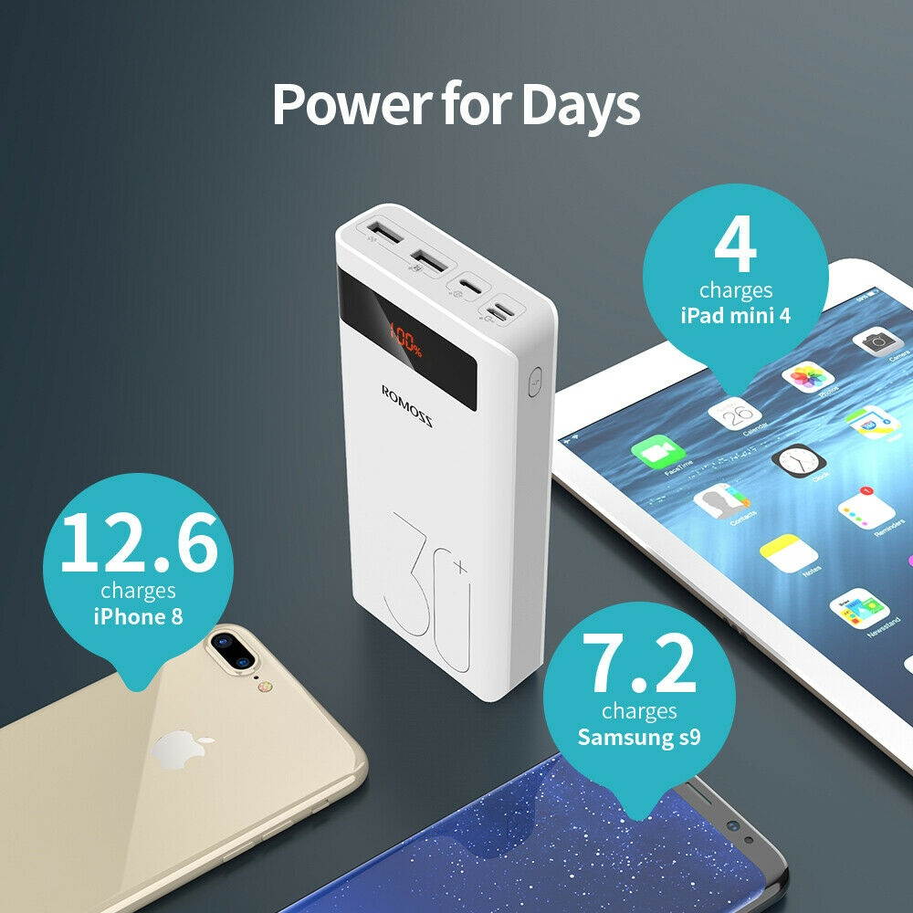 30000mAh Power Bank 18W PD Portable Battery Charger for iPhone 12/11/X/8
