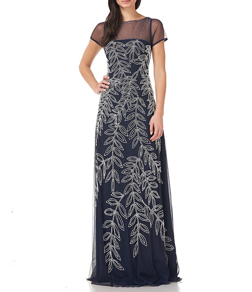 JS Collections Beaded Illusion Yoke A-Line Gown