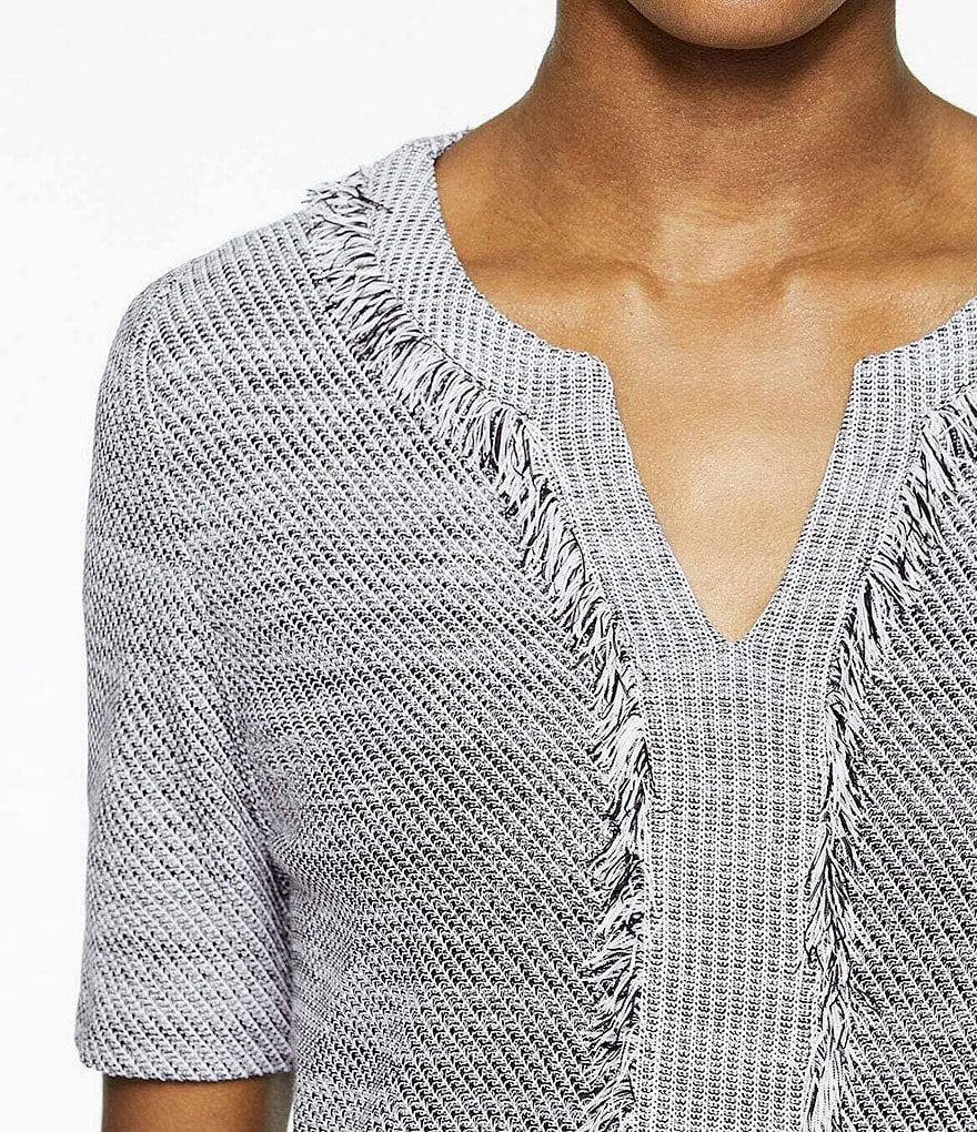 Ming Wang Birdseye Knit Fringe Trim Short Sleeve Knit Dress