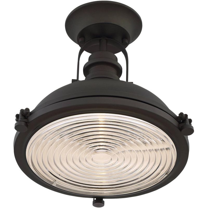 Possini Euro Design Industrial Ceiling Light Semi Flush Mount Fixture Bronze 11 3/4" Wide Clear Ribbed Glass for Bedroom Kitchen