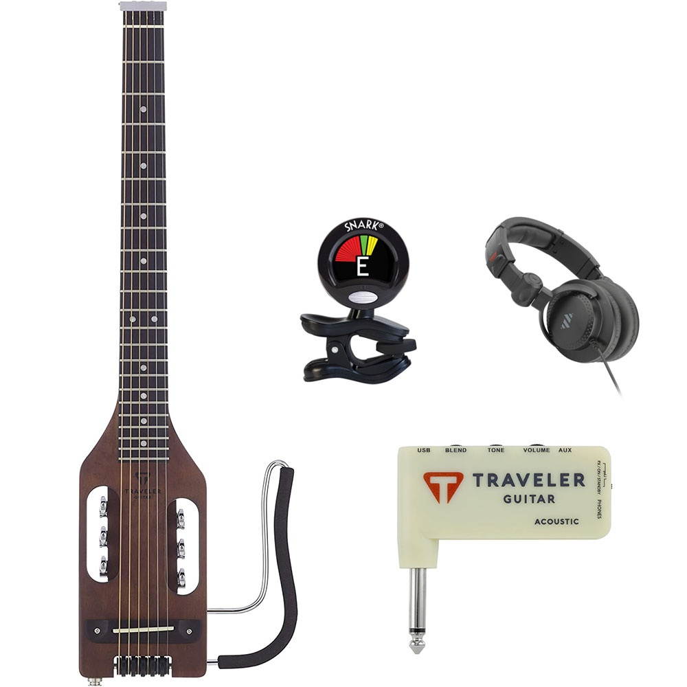Traveler Guitar ULA ABNS 6-String Acoustic-Electric Guitar (Antique Brown) with VOX amPlug G2 Guitar Amp, HPC-A30 headphones & Clip-on Tuner Bundle
