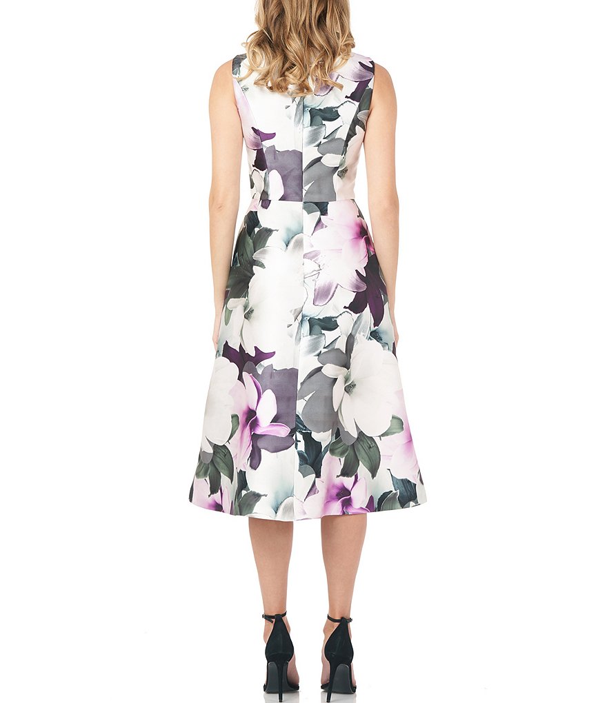 Kay Unger Boat Neck Sleeveless Floral Printed Mikado Dress