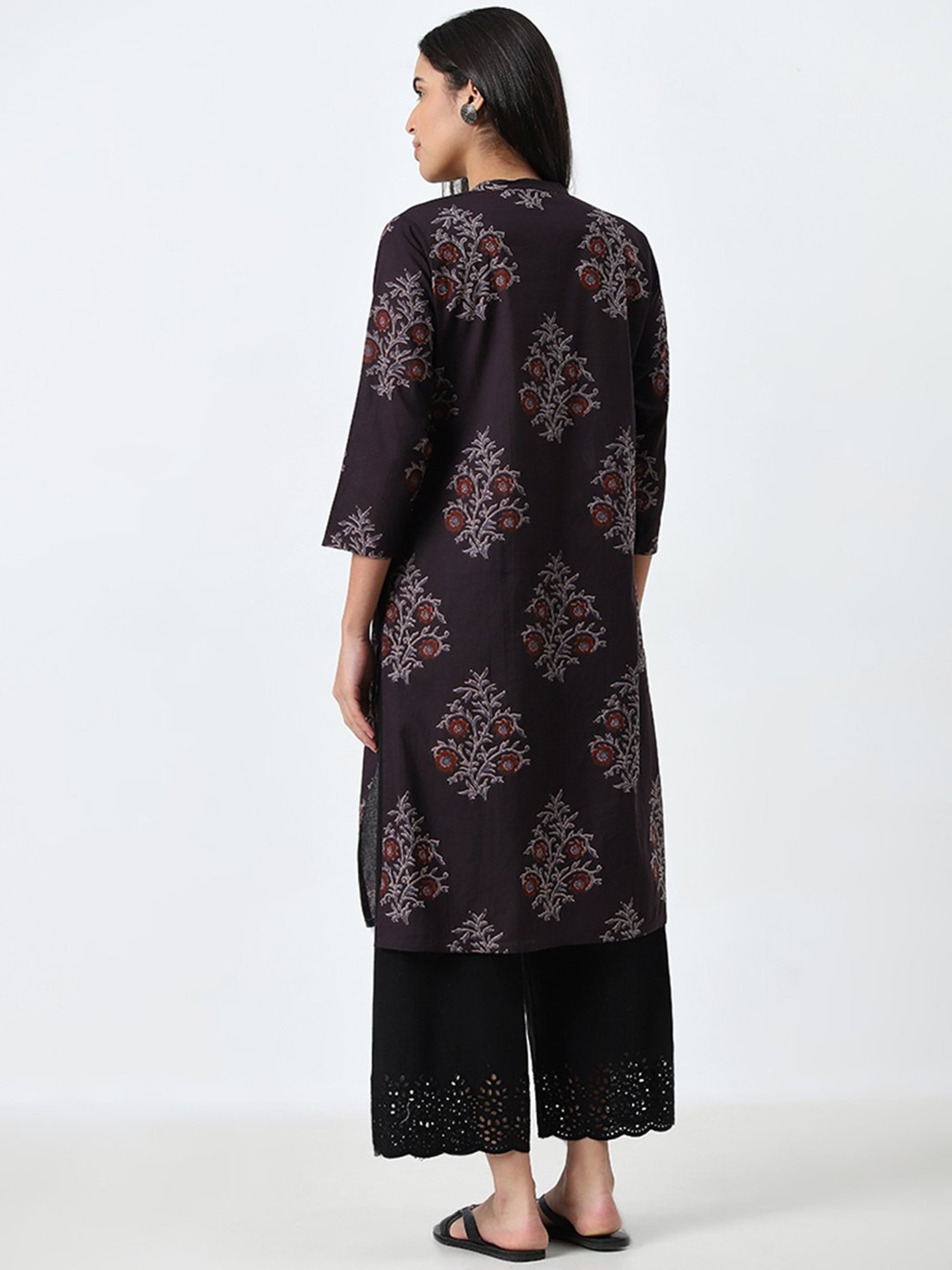 Utsa by Westside Charcoal Floral Printed Straight Cotton Kurta