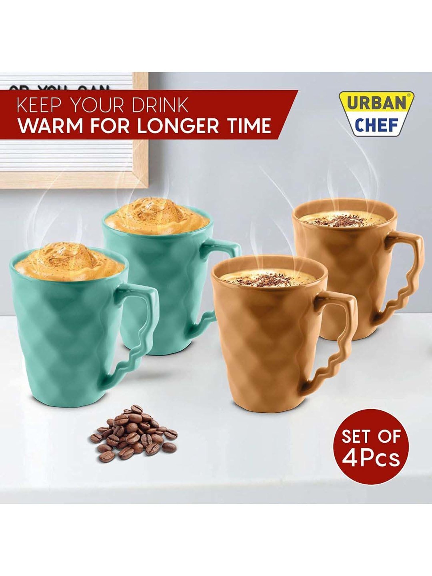 Urban Chef Brown & Blue Ceramic Microwave Safe Coffee Mug (0.225 L) - Set of 4
