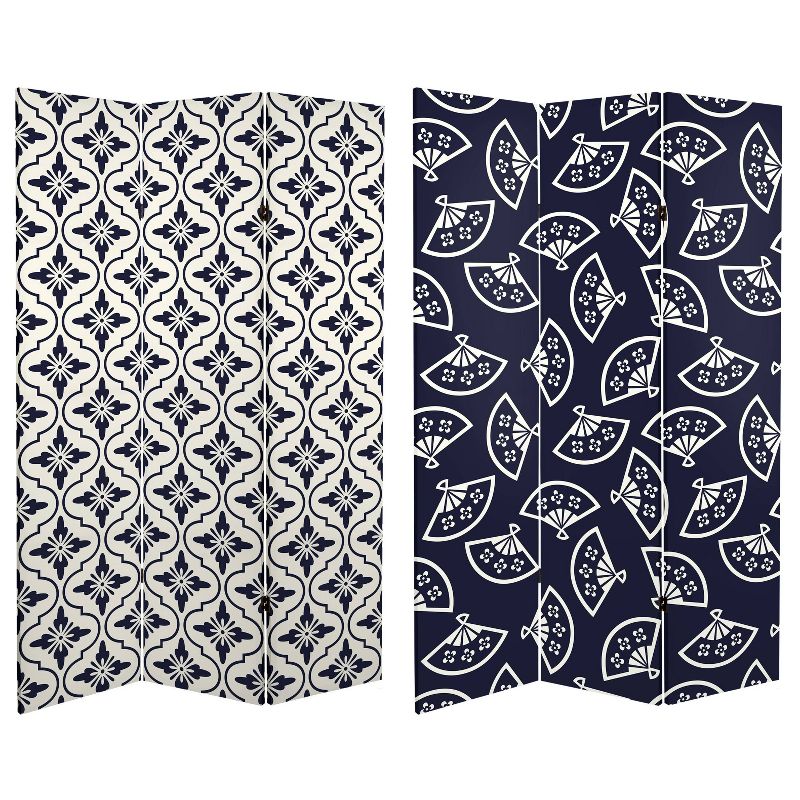 6" Double Sided Osaka Japanese Patterns Canvas Room Divider Blue - Oriental Furniture