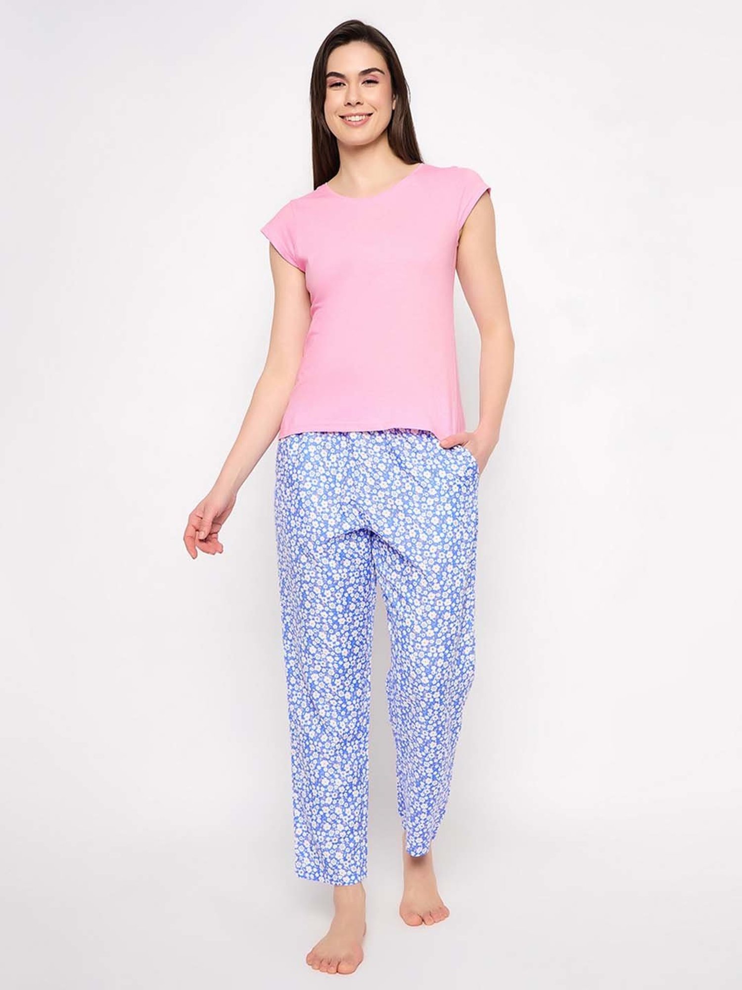 Clovia Pink & Blue Printed T-Shirt Pyjamas Set