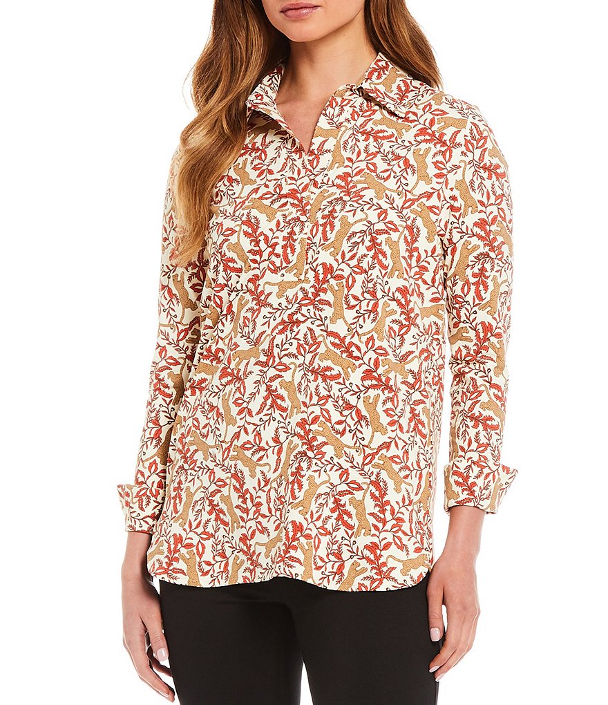 Jude Connally Hadley Jungle Cheetah Print Jude Cloth Roll-Sleeve Point Collar Tunic