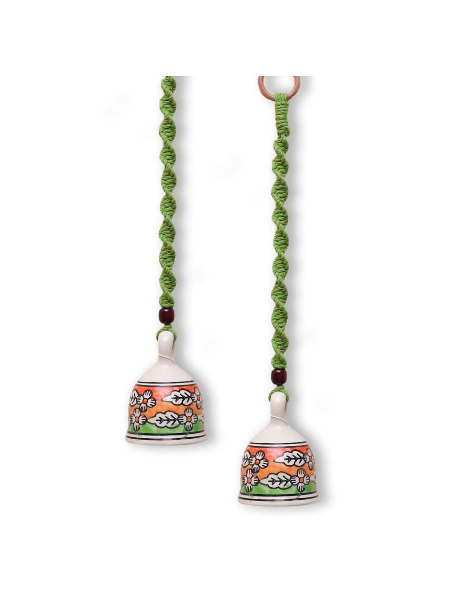 Gathari Green Ceramic Wall Hanging Macrame Bells - Set of 2
