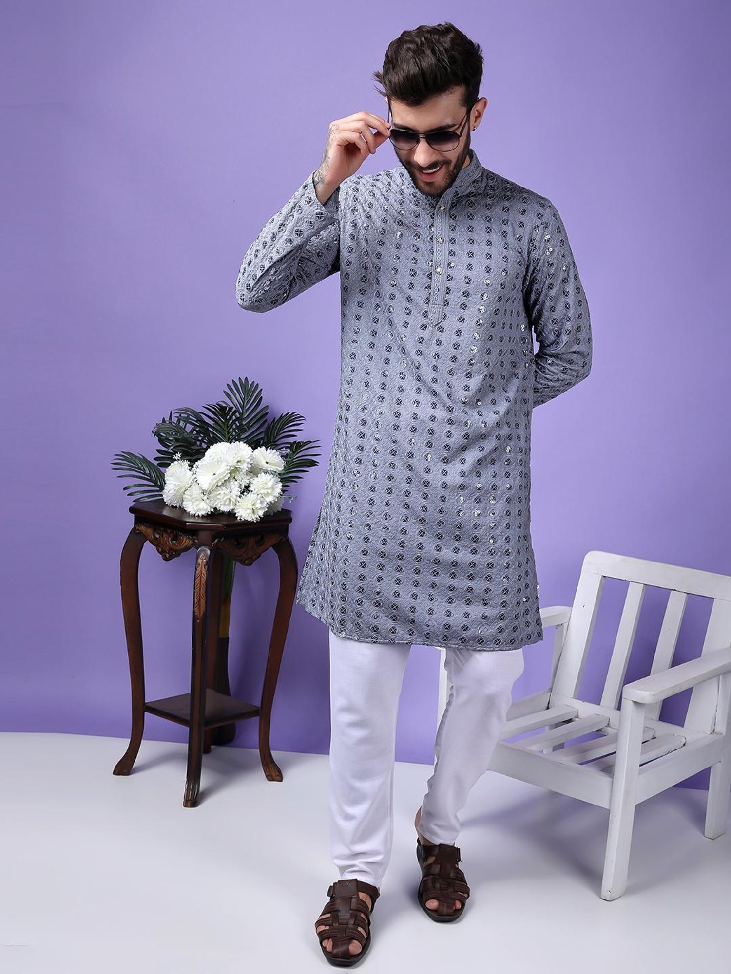 Hangup Grey & White Regular Fit Embellished Kurta Bottom Set