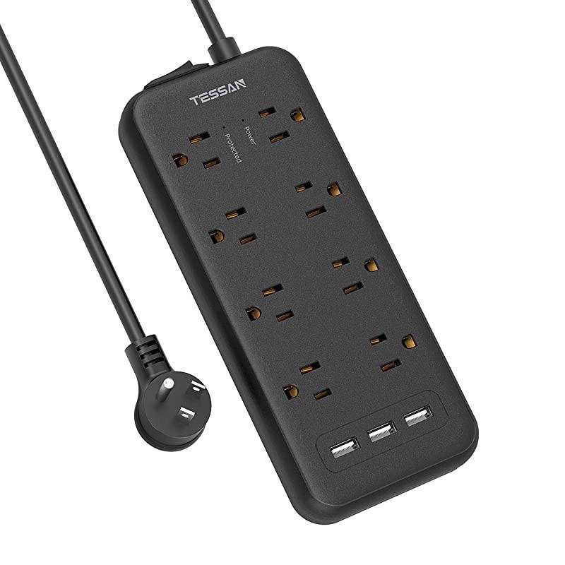 Strip Surge Protector TESSAN 8 Outlets with 3 USB Ports 5Ft Extension Cord Flat Plug Overload Surge Protection Outlet Strip Wall Mount for Home and Office Black