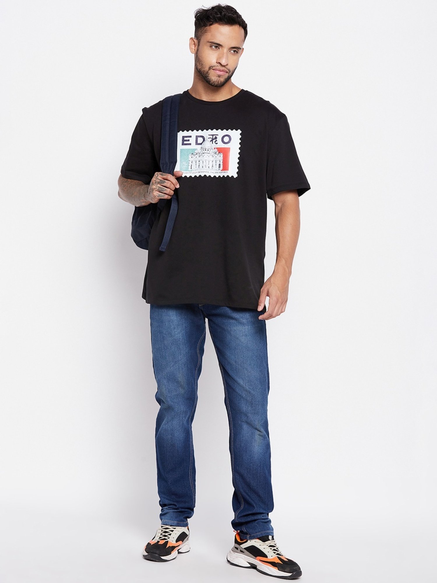 Edrio Black Cotton Relaxed Fit Printed T-Shirt