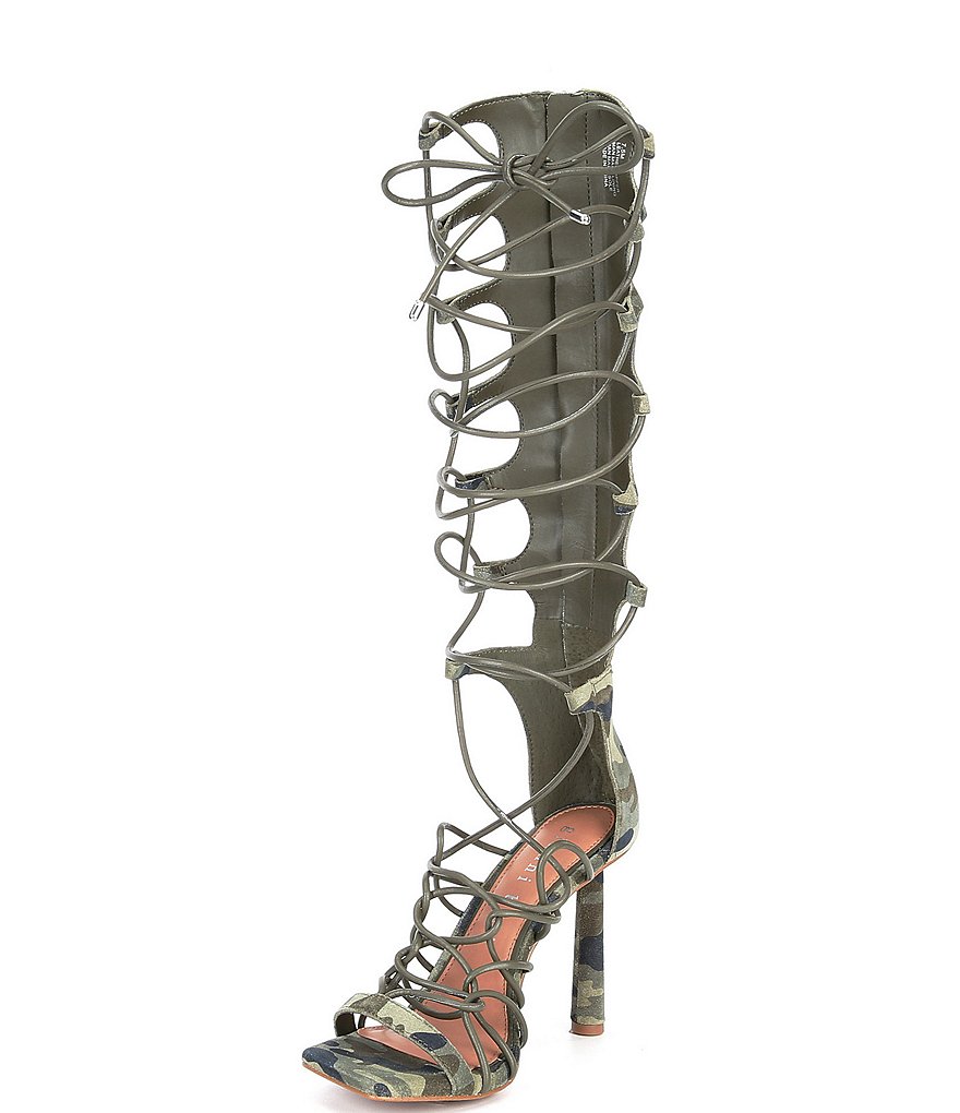 Gianni Bini Rydelle Suede Camo Print Tall Ankle Wrap Lace-Up Dress Sandals