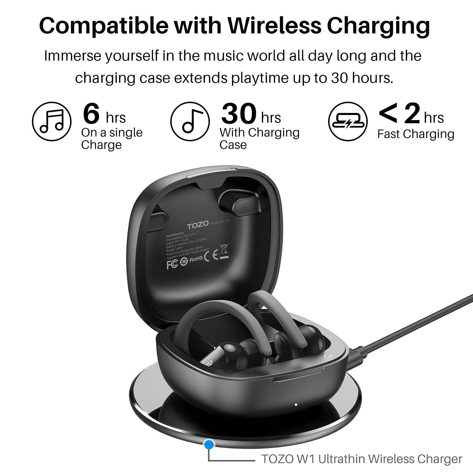 TOZO T5 Bluetooth Headphones True Wireless Earbuds  Sport Earphones Touch Control Headset with Wireless Charging Case Bass Stereo,Built in Mic Sweatproof for Running, Gym, Workout