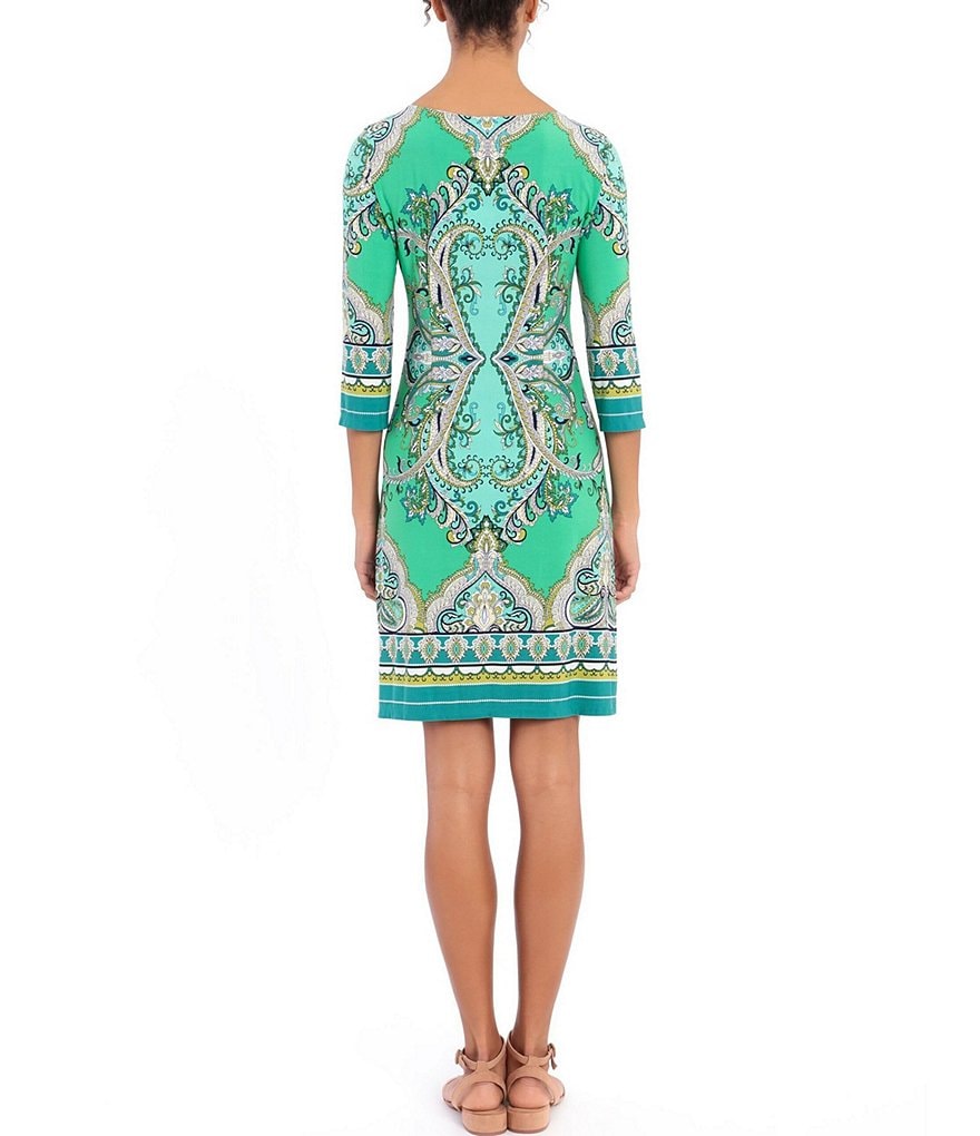 London Times Printed Jersey 3/4 Sleeve Boat Neck Shift Dress