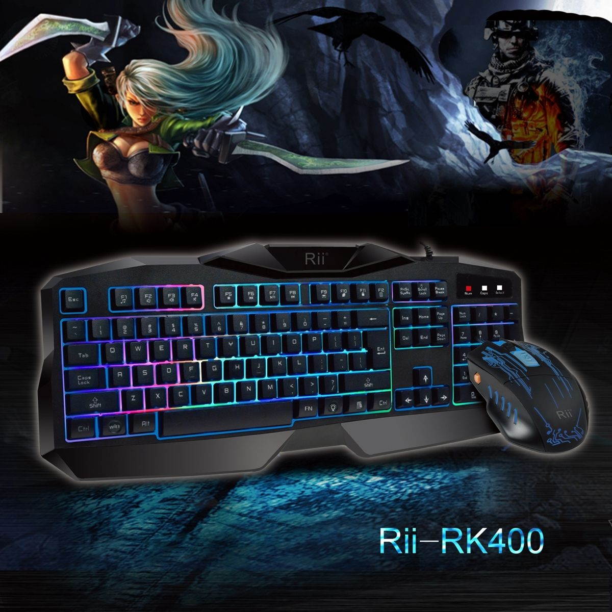 Rii RK400 7 Colors LED Backlit Gaming Keyboard & Mouse Combo Bundle For Computer