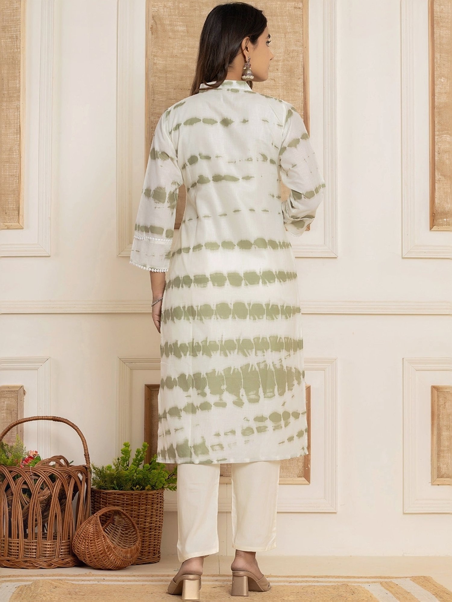 Yufta Green & White Cotton Printed Kurta Pant Set With Dupatta