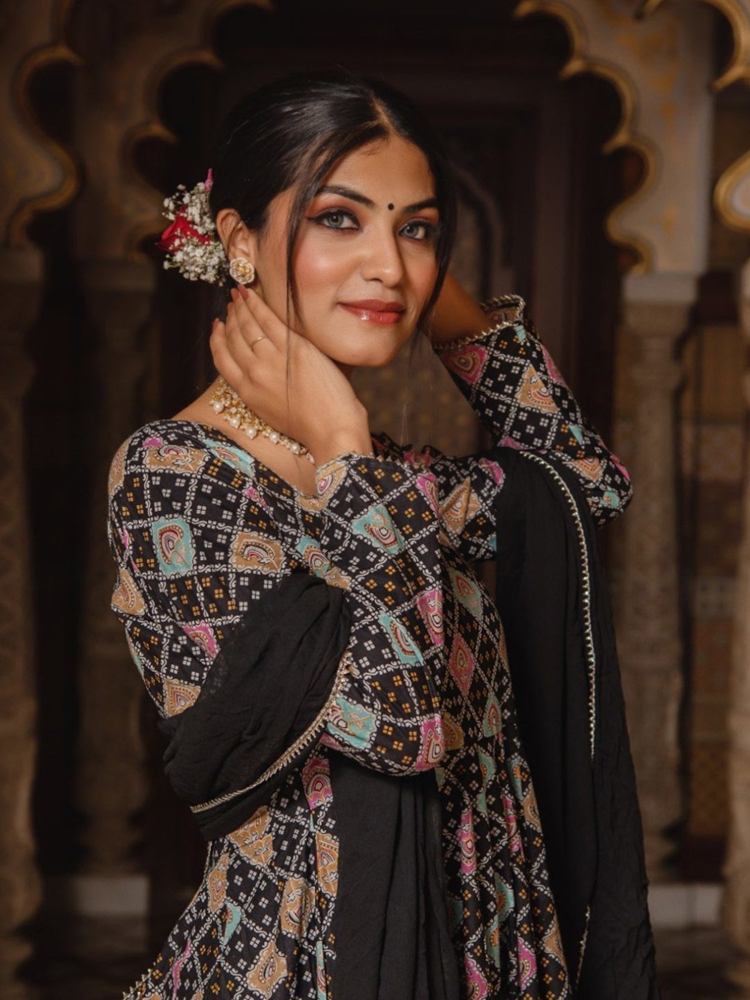 Calmna Black Geomatric Print Anarkali Suit Set