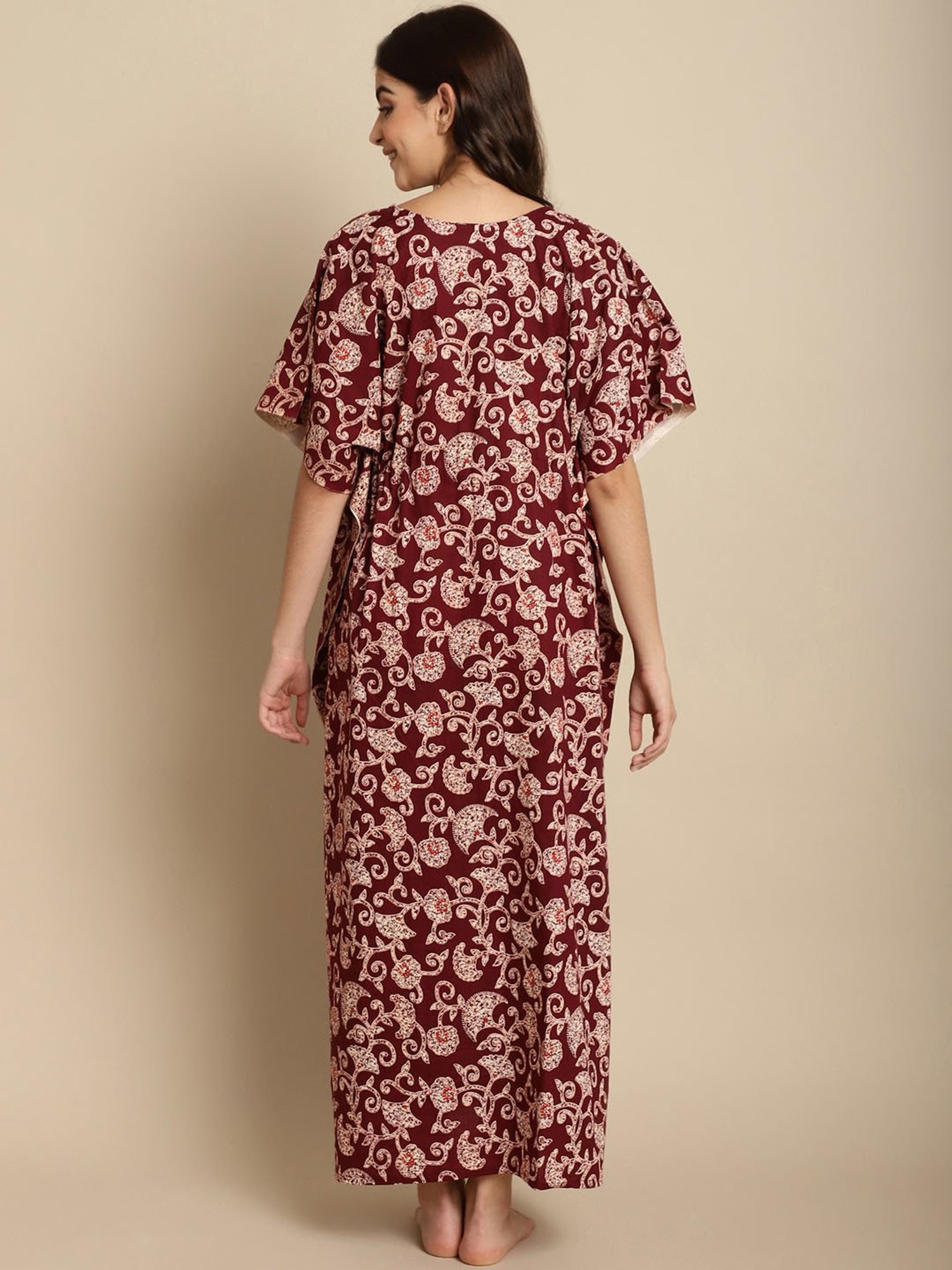 Secret Wish Maroon Floral Print Kaftan Nighty