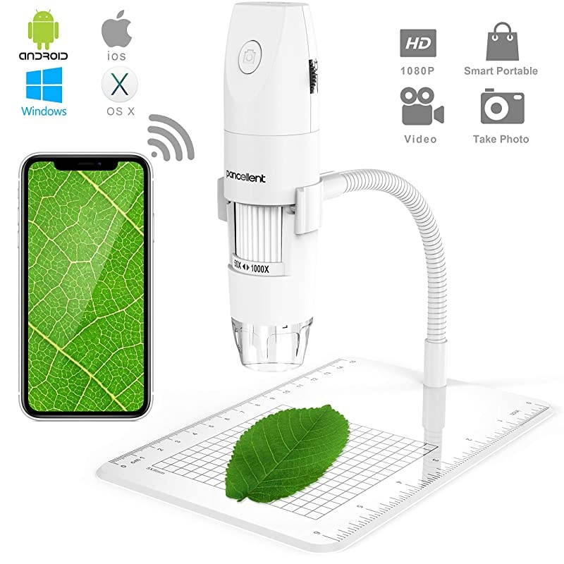 Wireless Digital Microscope  1080P 50X to 1000X Magnification Microscopy with 8 LED USB Handheld Camera with Light Compatible for iPhone Android iPad Windows MacWhite