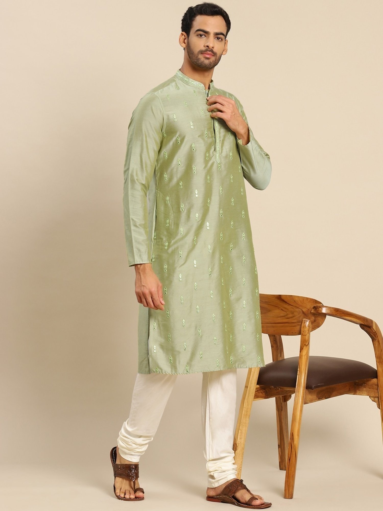 KISAH Mid Green Regular Fit Embroidered Kurta Bottom Set