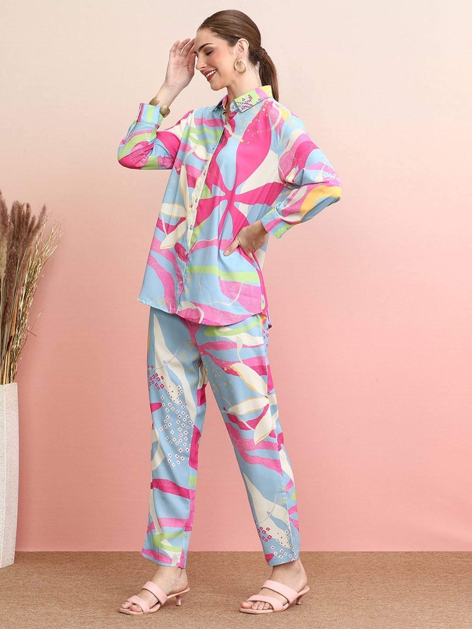 Indo Era Blue Printed Shirt Pant Set