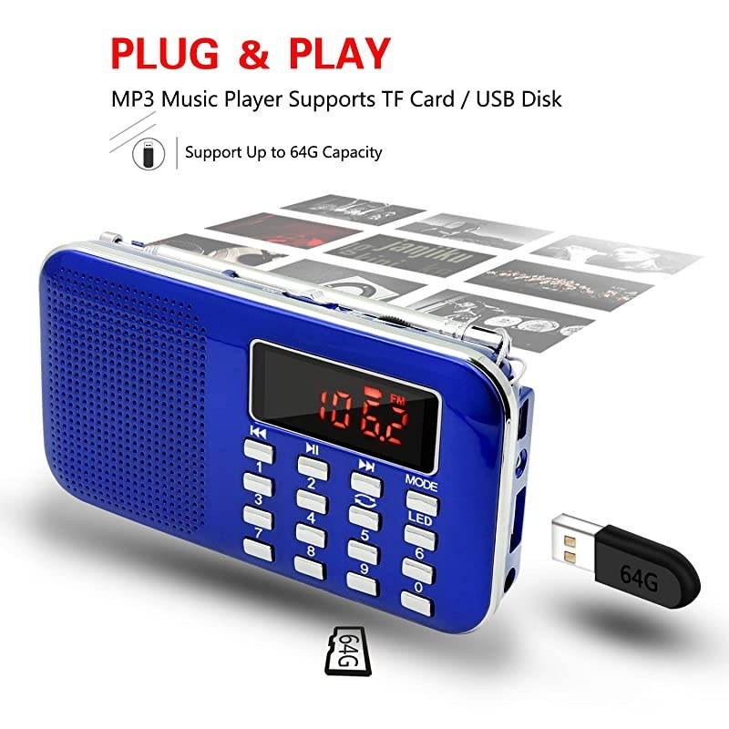 Mini Digital AM FM Radio Media Speaker MP3 Music Player Support TF Card/USB Disk with LED Screen Display and Emergency Flashlight Function (Blue-Upgraded)