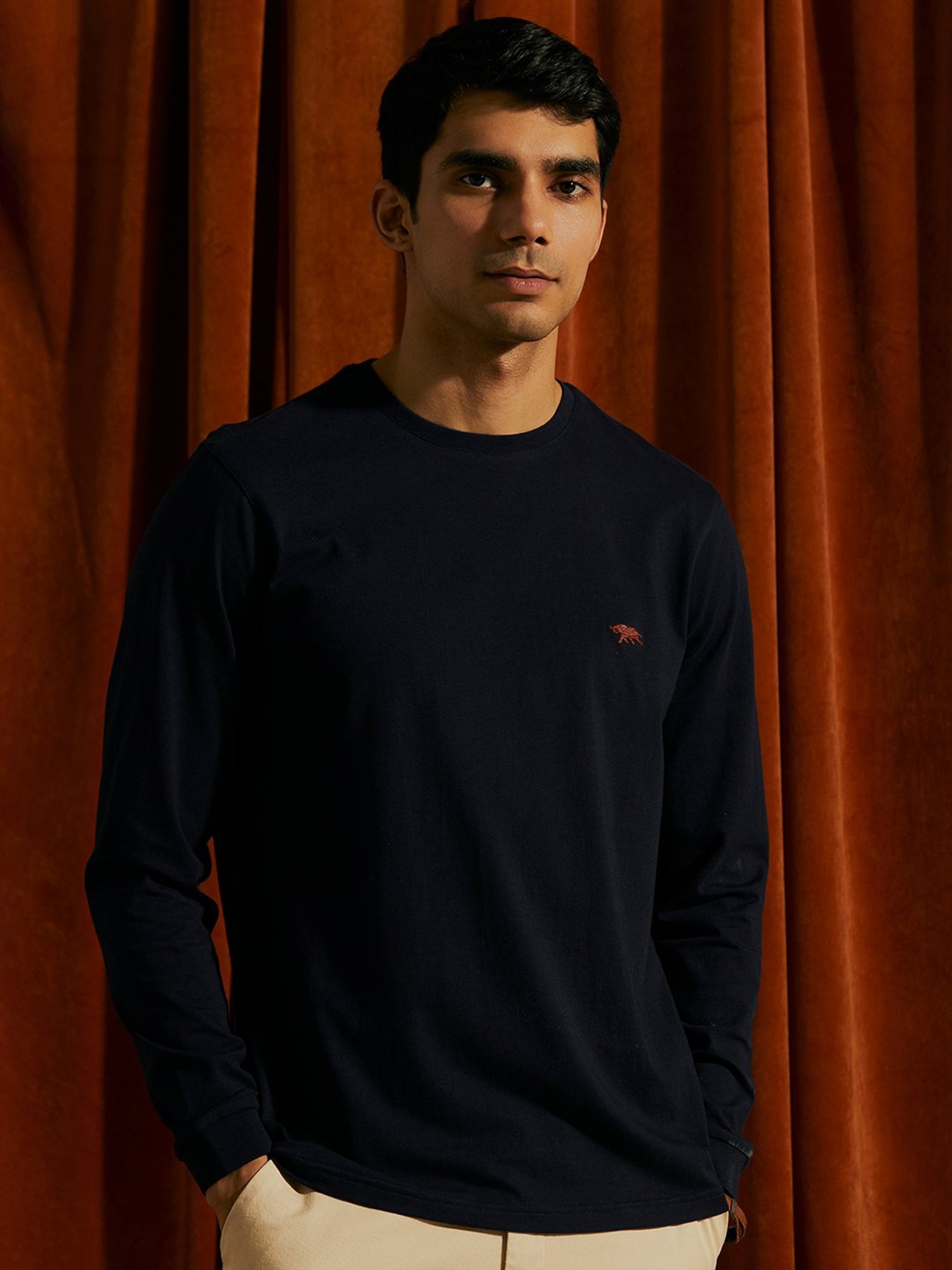 ANDAMEN Navy Regular Fit Cotton Crew T-Shirt