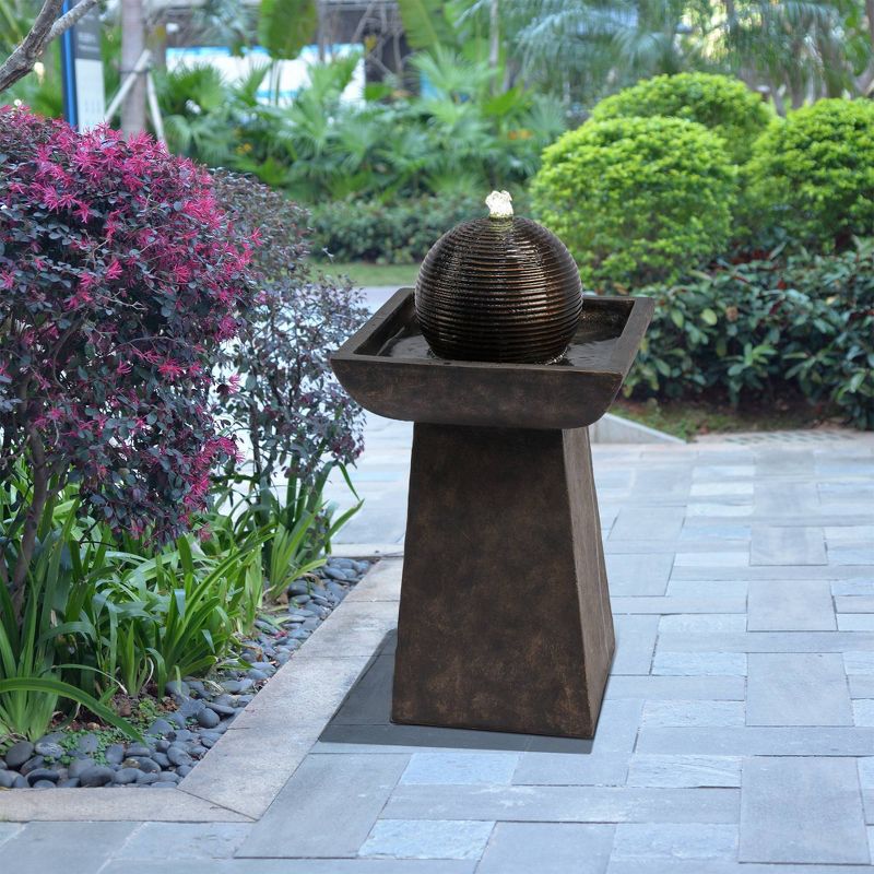 26.3" Pedestal Outdoor Fountain with Orb and LED Light Brown - Peaktop