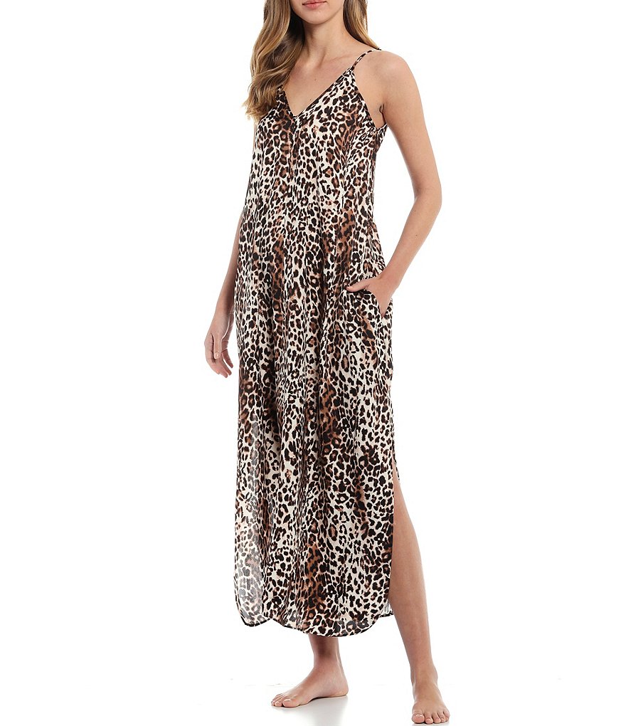 VAN WINKLE & CO. Leopard Print Sleeveless Satin Maxi Chemise