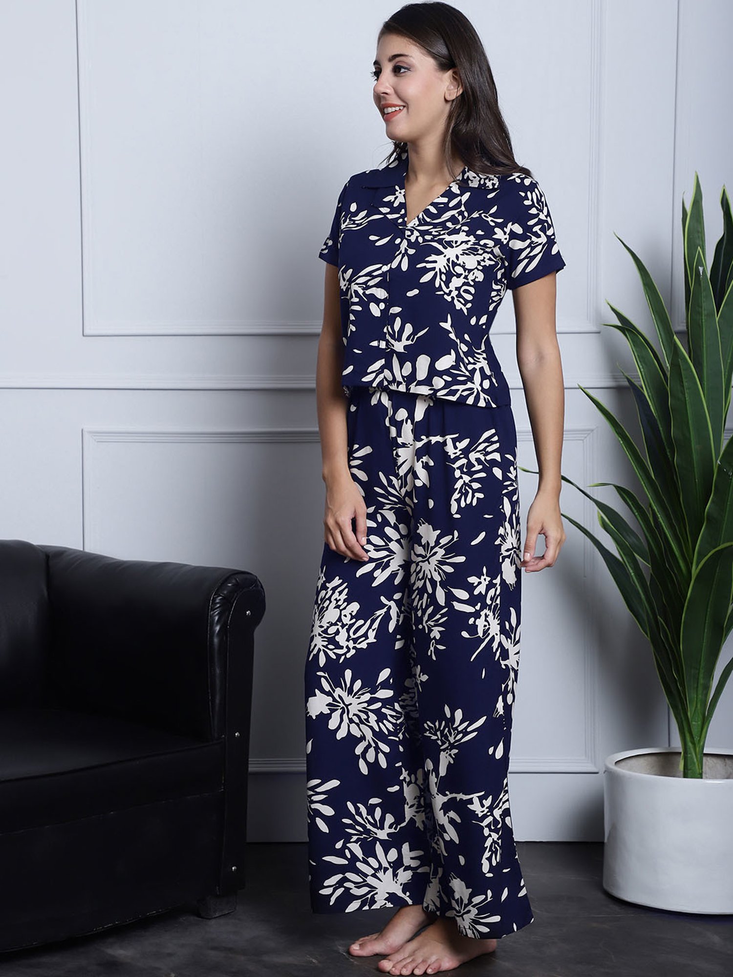 Boston Club Navy Printed Top With Pyjamas