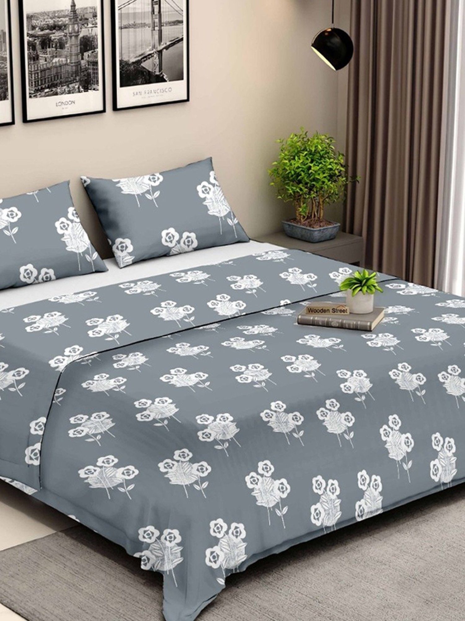 Ariana Rome Floral Grey 210 TC Cotton Super king Bedsheet with 2 Pillow Covers