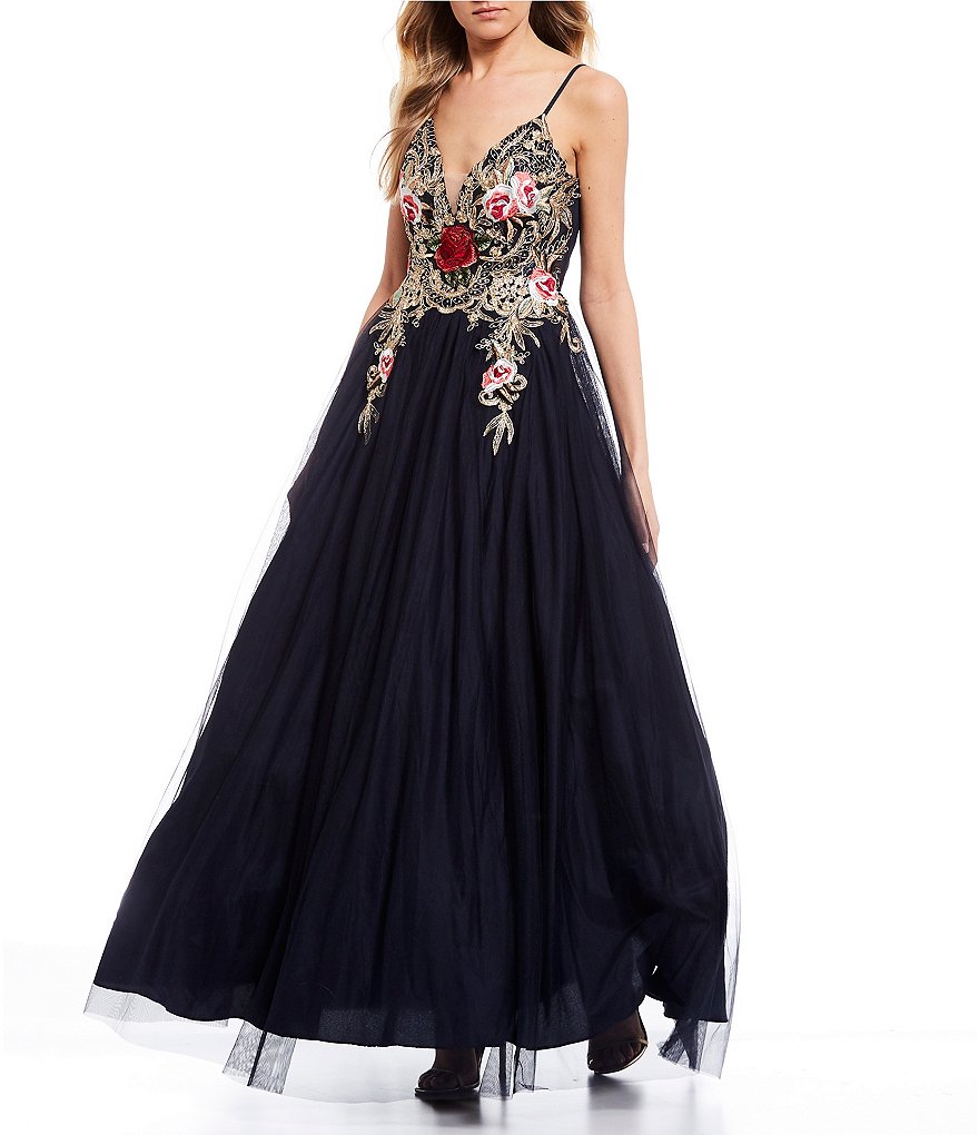 Blondie Nites Spaghetti Strap V-Neck Embroidered Floral Bodice Mesh Ball Gown