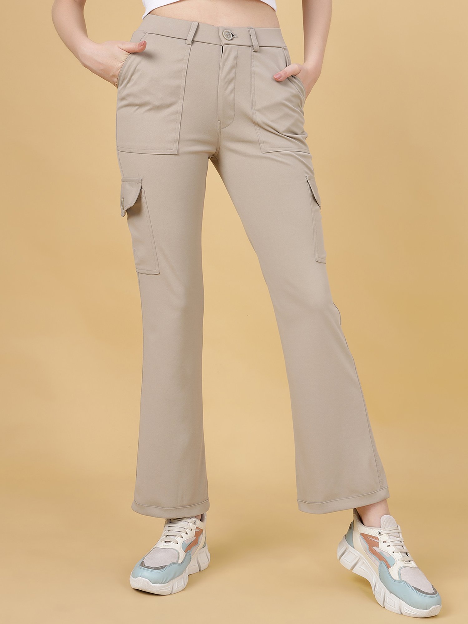 FITHUB Beige Relaxed Fit High Rise Cargo Pants