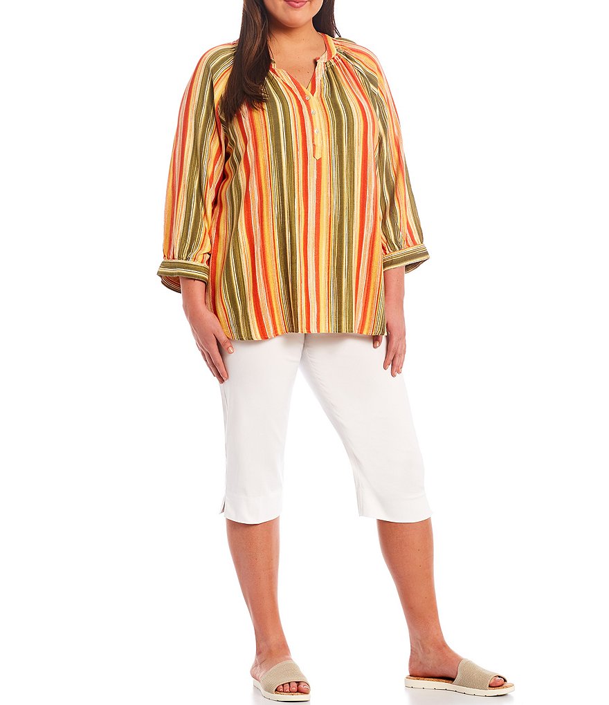 Ruby Rd. Plus Size Watercolor Stripe Print Split Round Neck 3/4 Raglan Sleeve Top