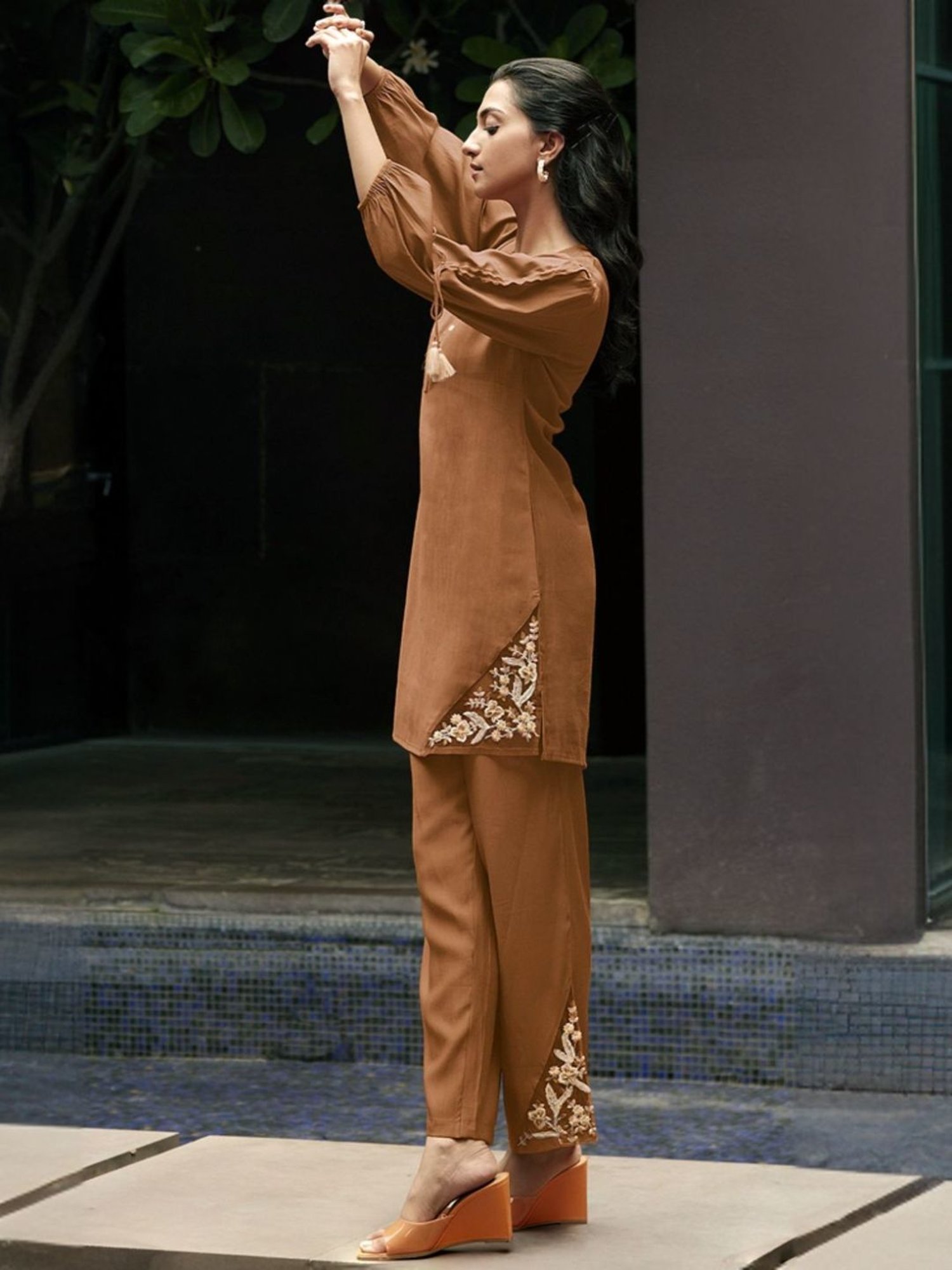 Autumnlane Bhumi Brown Embroidery Tunic with Pant Co-ord Set