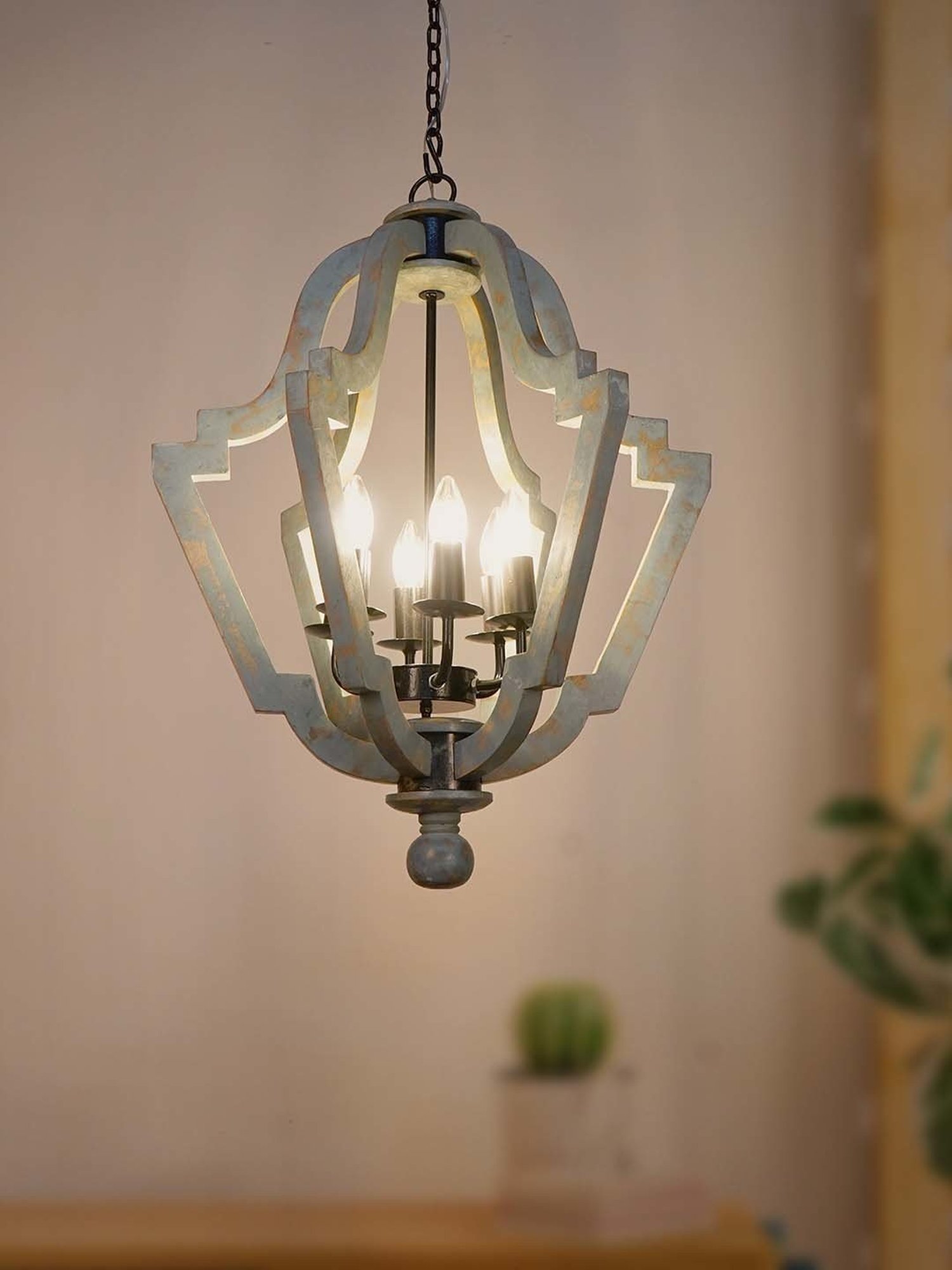 FOS LIGHTING Distressed Grey & Transparent Wood 6-In-1 Farmhouse Lantern Pendant Chandelier