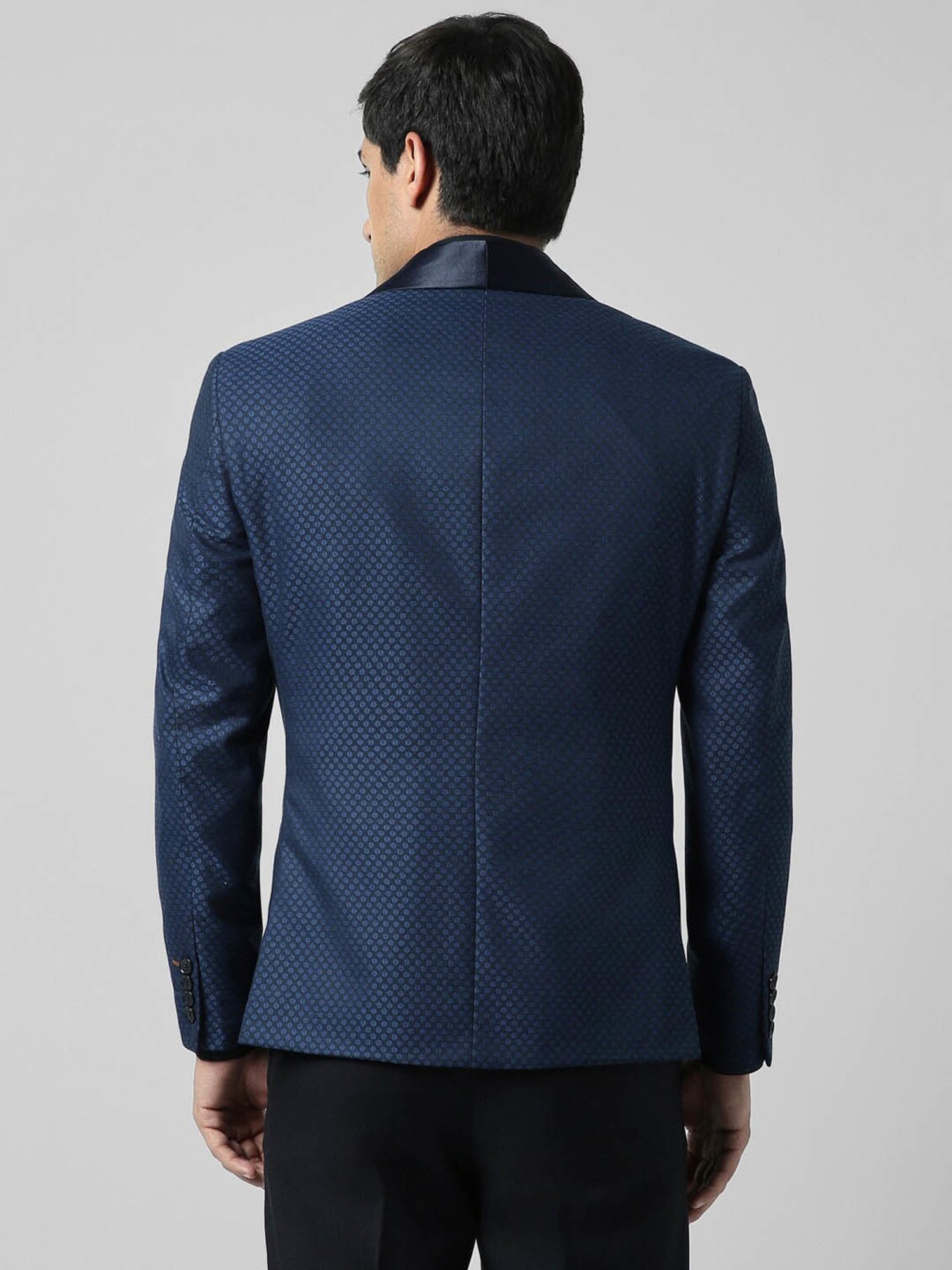 V Dot Navy Skinny Fit Self Pattern Blazer