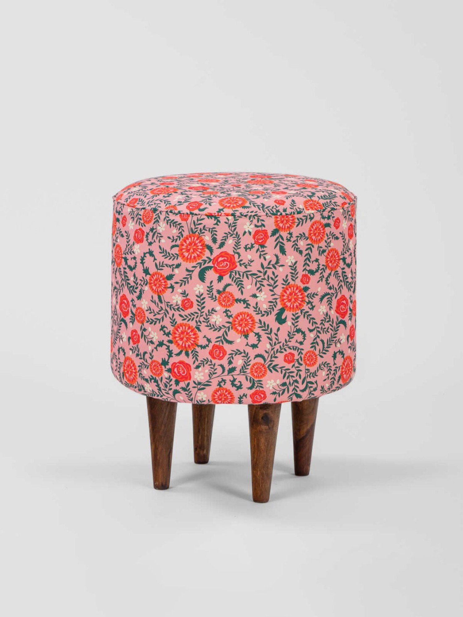 Chumbak French Earthy Floral Pink Wood Ottoman