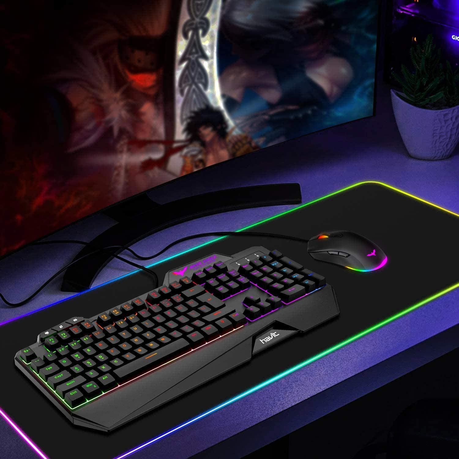 Gaming Keyboard and Mouse Combo, Led Rainbow Backlit Wired Gaming Keyboard and RGB Gaming Mouse, LED 104 Keys USB Ergonomic Wrist Rest Keyboard, 4800 Dots Per Inch 6 Button Mouse - Black