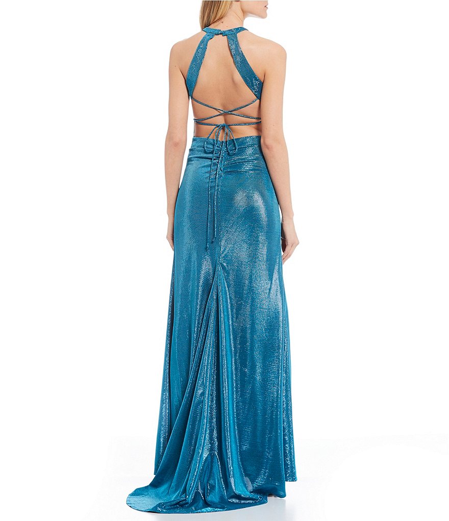 B. Darlin Halter Neck Shimmer Shine Lace-Up-Back Long Dress