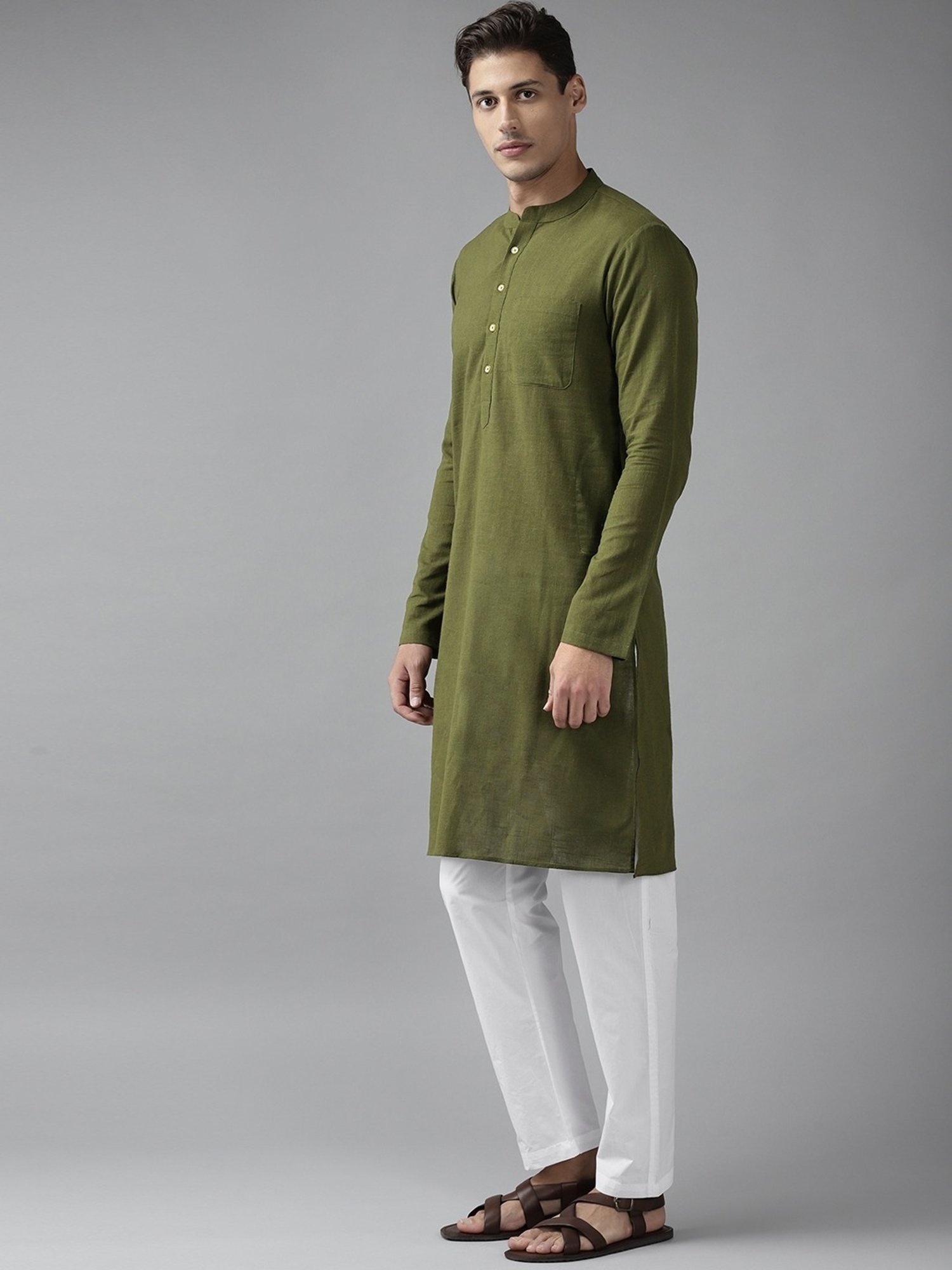 See Designs Olive Green & White Cotton Regular Fit Kurta Bottom Set