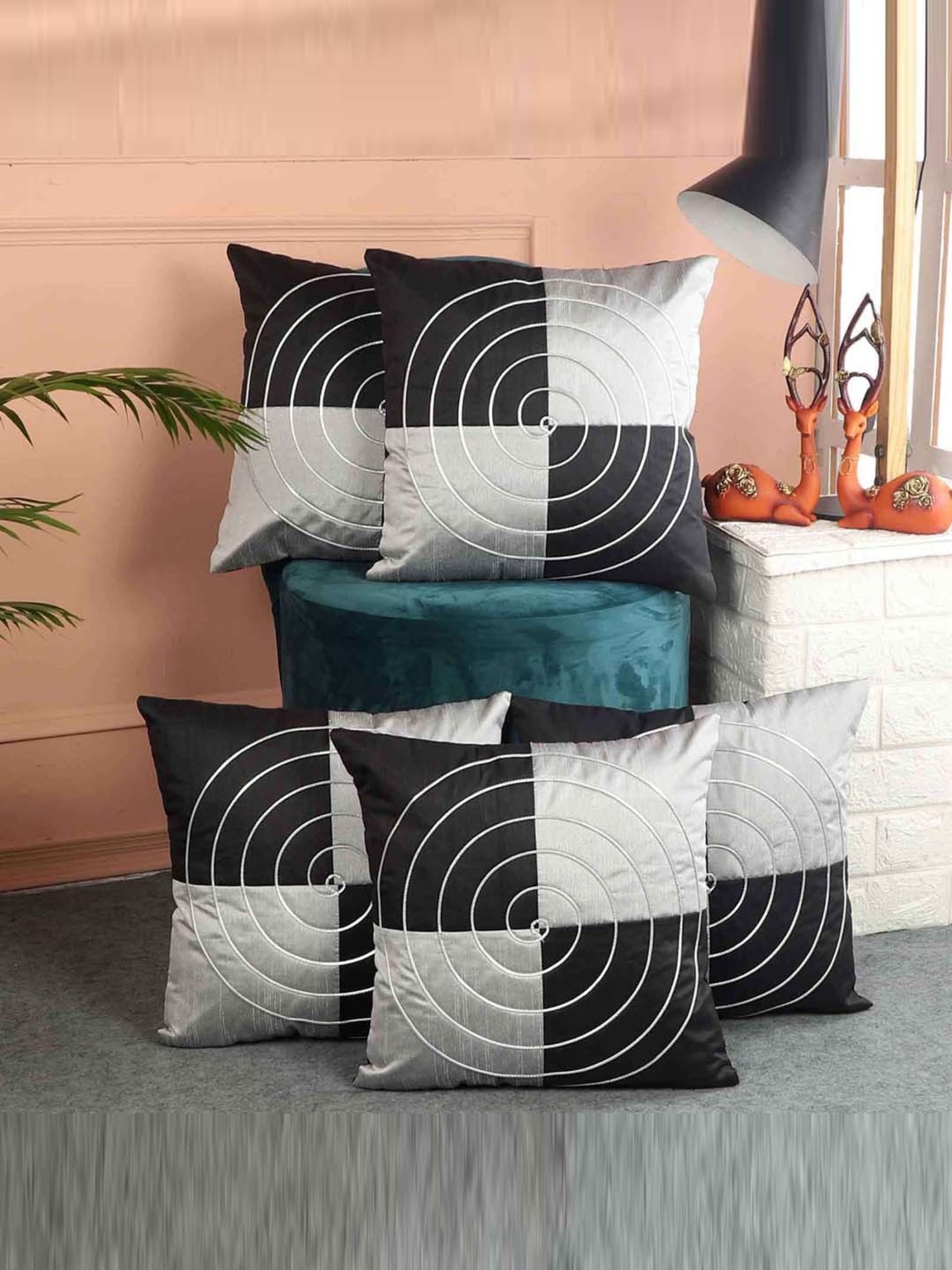 MFD HOME Furnishing Black & Silver Polyester Cushion Cover - Set of 5