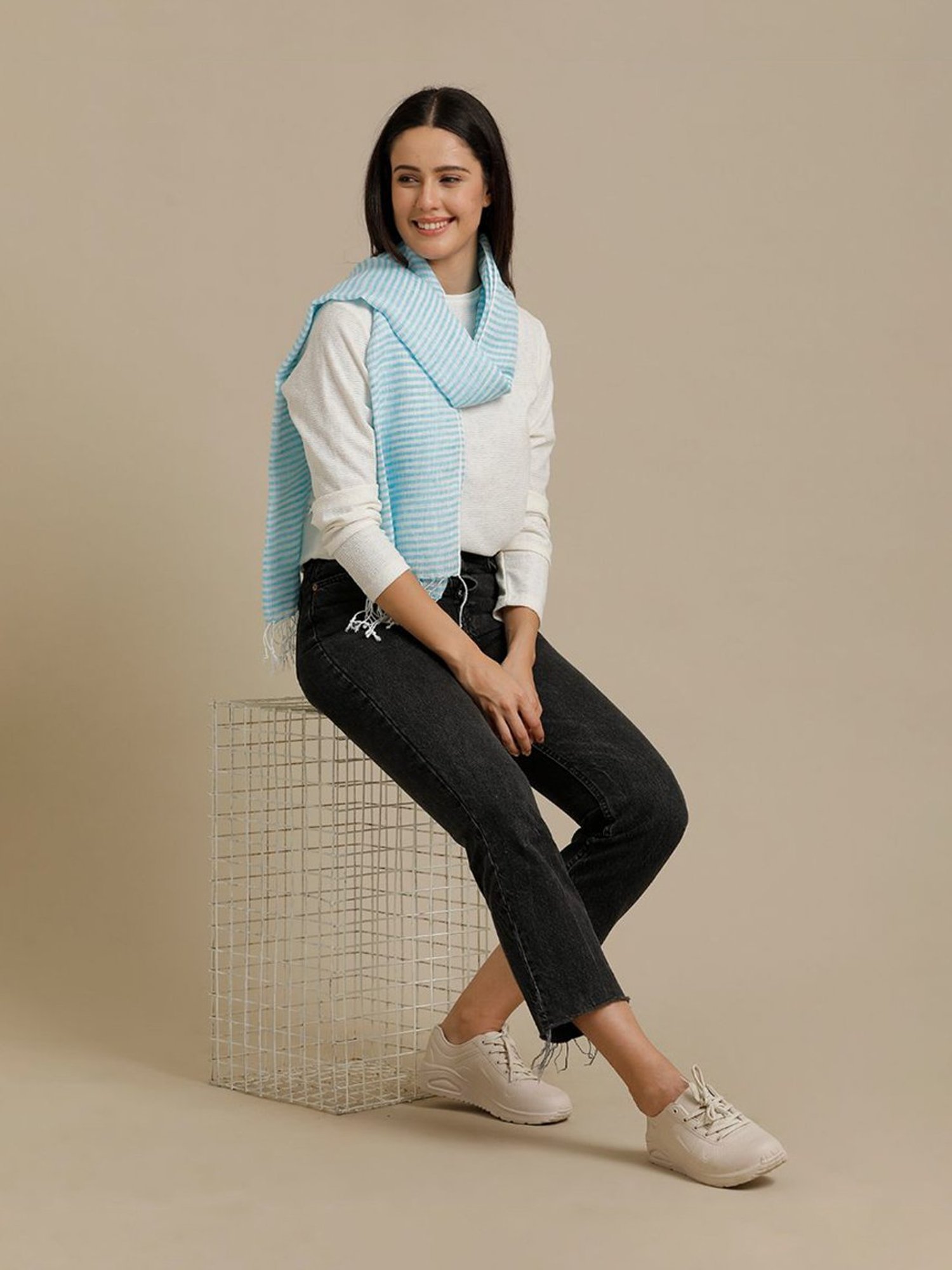 Linen Club Turquoise Blue Striped Pure Linen Stole