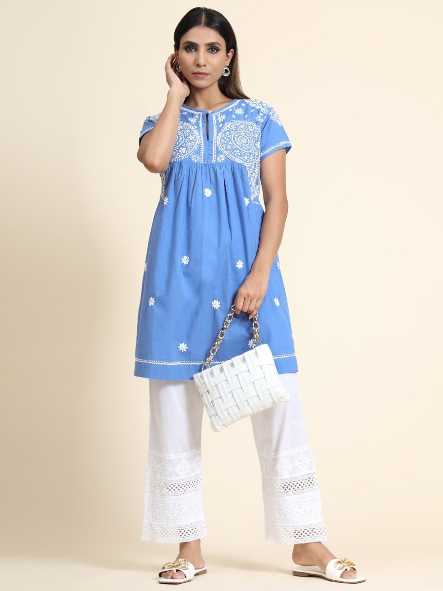 House Of Kari HOK Chikankari Tunic Women Light Blue