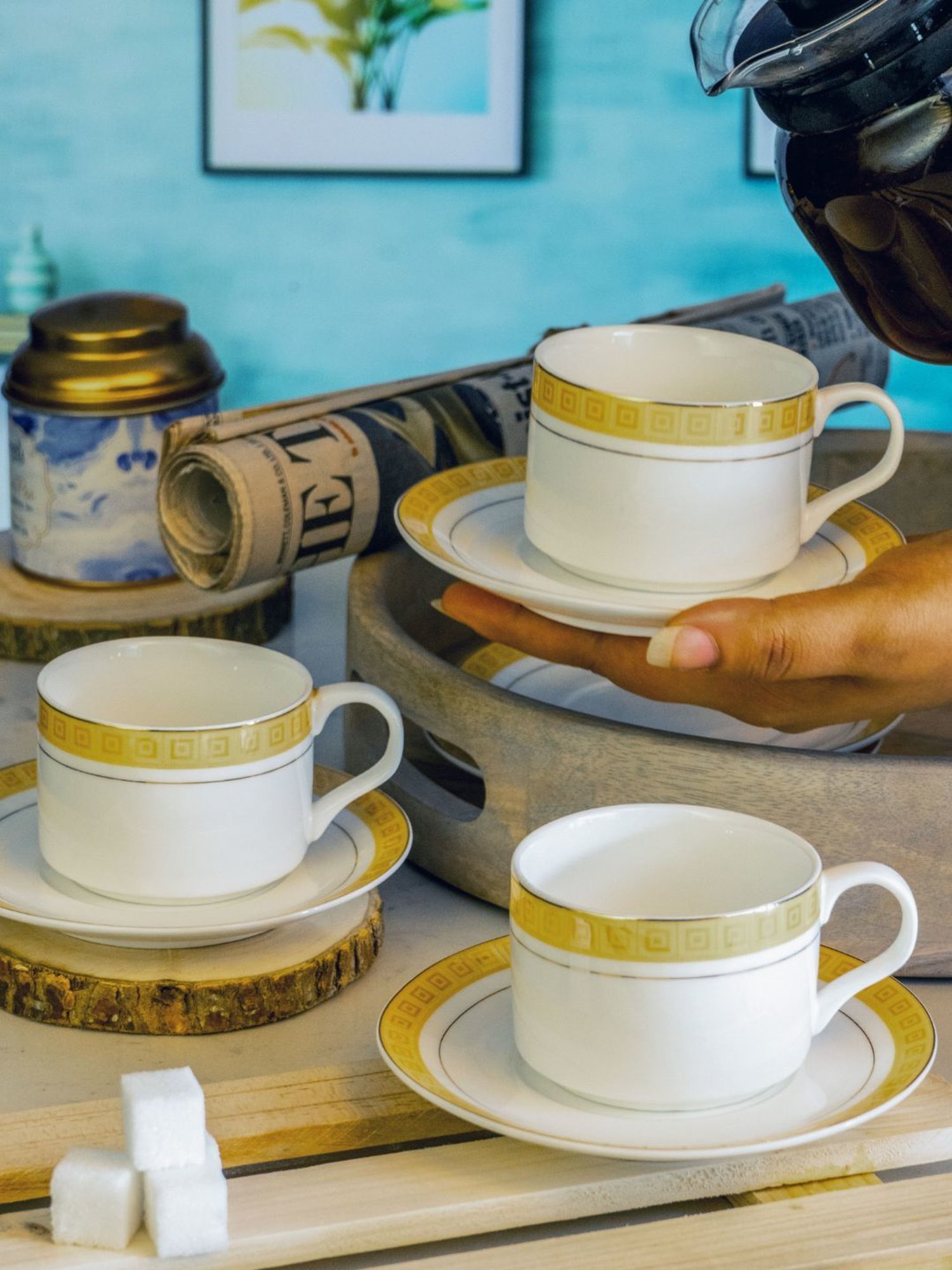 White Gold Printed White Porcelain Tea Cup & Saucer - Set of 6 (120ml)