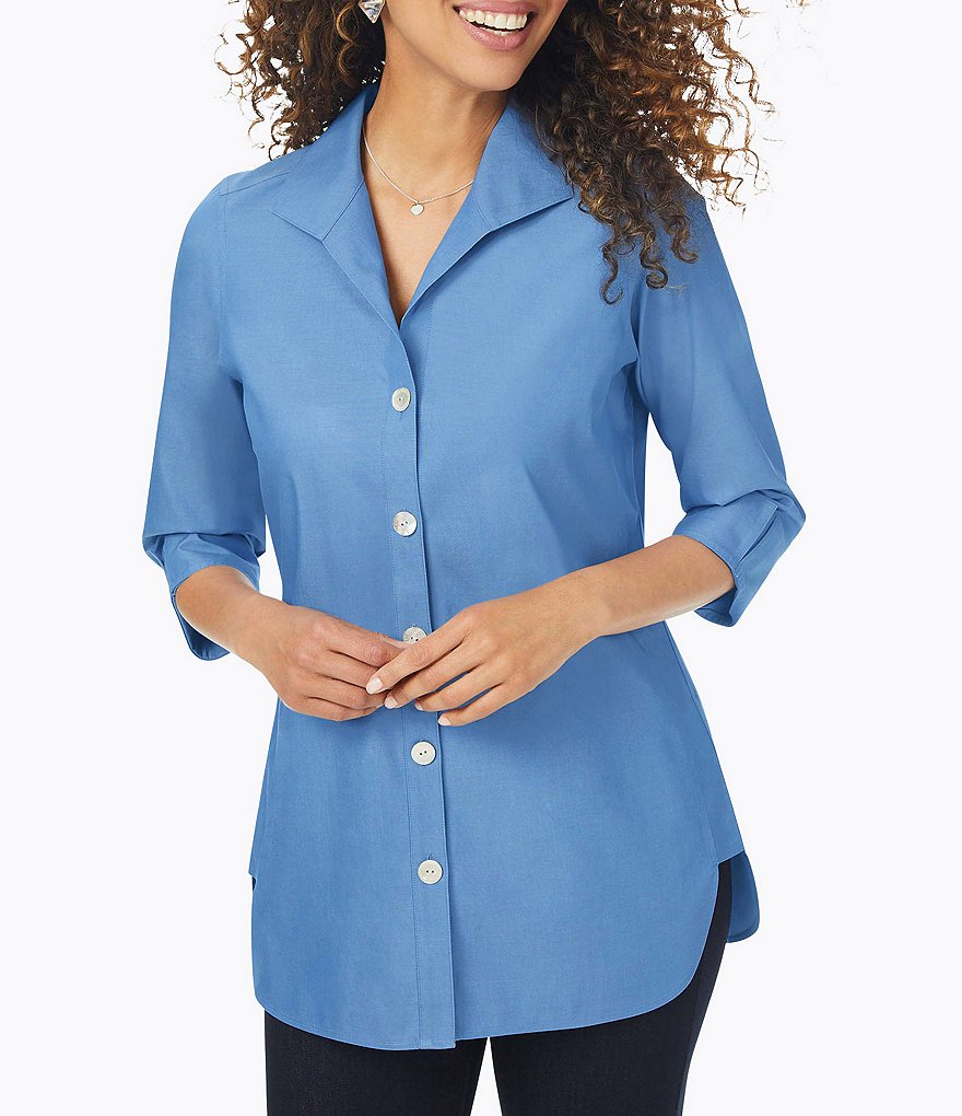 Foxcroft Pandora Solid Non-Iron Pinpoint Oxford Button Front Wing Collar Neck 3/4 Sleeve Tunic