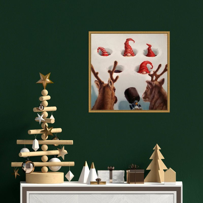 16" x 16" Whack-An-Elf Reindeer Games by Lucia Heffernan Framed Canvas Wall Art - Amanti Art