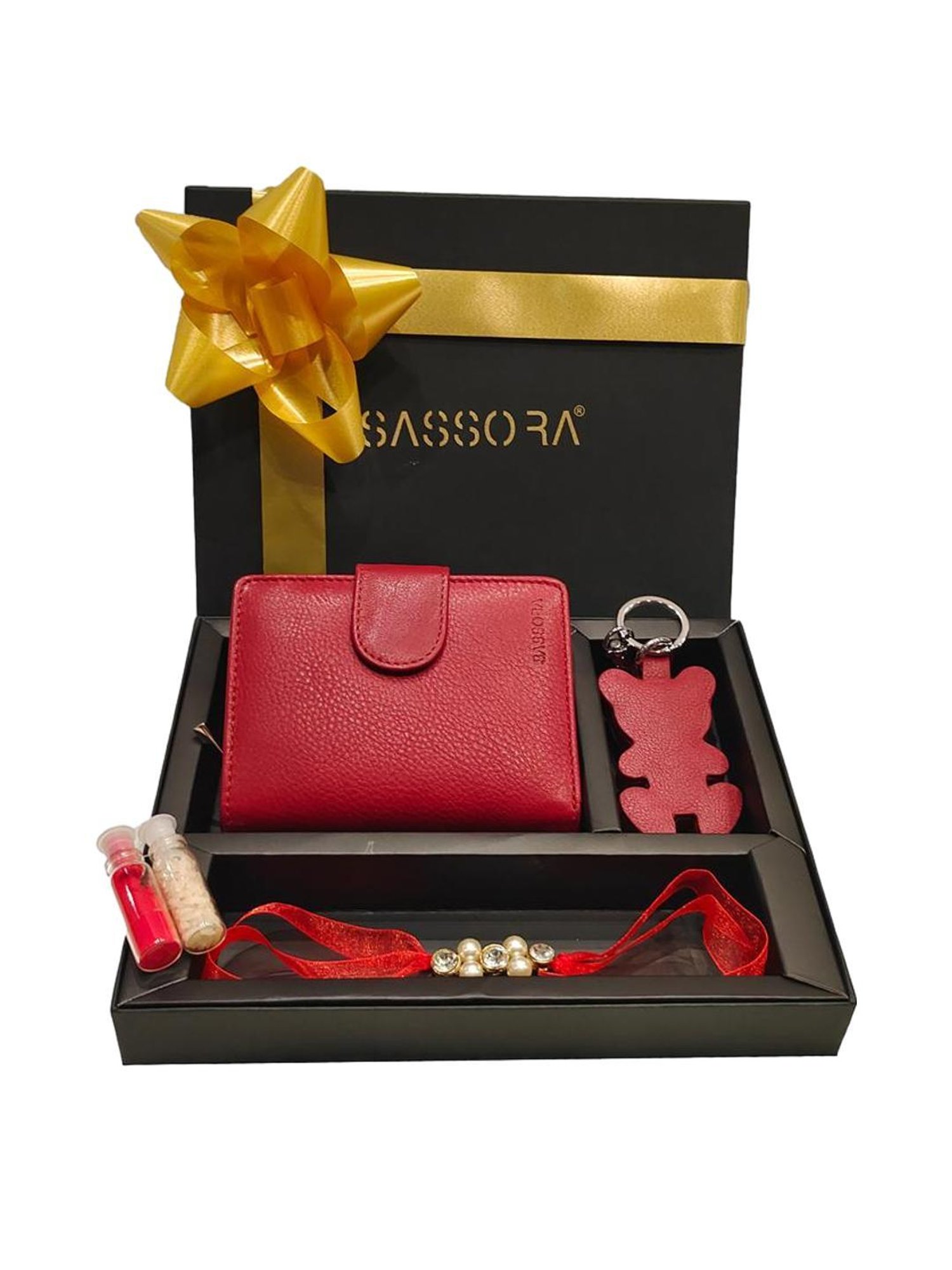 SASSORA Red Solid Rfid Wallet, Keychain & Rakhi Combo Set