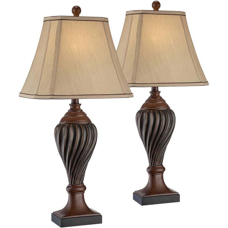 Regency Hill Traditional Table Lamps Set of 2 Carved Two Tone Brown Urn Beige Rectangular Shade for Living Room Family Bedroom